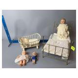 Doll beds with dolls-Rose O’Nell kewpie, bisque Made in Japan and rubber squeaky doll