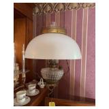 Hanging oil lamp with matching rings, smoke bell, ceiling reel, clear glass hobnail font
