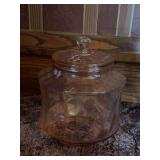 Pink depression biscuit jar, extra lids, clear glass pieces