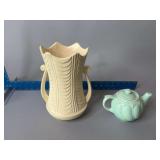 Hull double handle vase and individual teapot w fluer de lis pattern