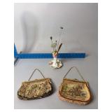 Two tapestry style purses and hat pin holder w pins