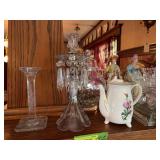 Cups & saucers, clear glass, figurines, candle, etc