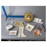 Linens, collector spoons, Princess House glass, flue cover, etc