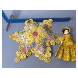 Minerva doll with yo-yo star pattern quilted pillow