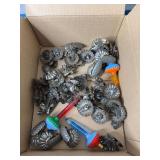 Three bubble lights and tin candle holders