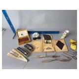 Made in Scotland trinket box w hair combs, tie tacks, hand painted egg, brushes, foldable metal hangers, etc