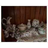 Cups, saucers, figurines, tea pot, shaving mug, etc