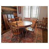 Sprague & Carleton 48" Round Dining Table with No Leafs in, includes 3 Leafs (12 x 48), Table Pad, 6 Matching Chairs (Two with Arms)