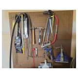 Multi hammers, dustpan and scrapers-everything hanging on pegboard (bring box to pack)