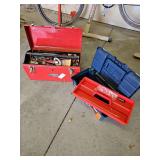 Metal Red Tool Box with Contents, Plastic Blue Toolbox