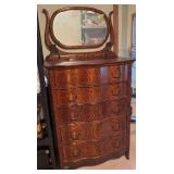 Tiger Oak veneer Dresser w/5 serpentine front drawers and wishbone mirror 34D x 18L x 67H