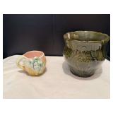 Majolica cup w teeny tiny chip on nose and majolica jardiniere