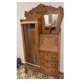 10D x 40L x 71H quarter sawn oak secretary on casters Curved glass is broken on door but it’s still a beauty! Broken glass piece is inside