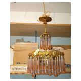 Hanging light w/ 60 pink glass teardrop shaped 'prisms' and extra prisms