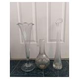 Three clear glass vases, 20” Heisey, 18” and 12” tall