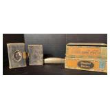 Two cigar boxes w straight razors, spectacles, bibles and a Star harmonica