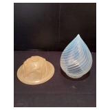 Two light shades-white opalescent ribbon pattern and pink frosted w birds