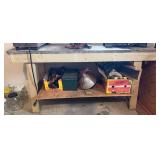 Craftsman bench and contents on bottom shelf include Skil saw, sabre saw, sander, brooder light  and more on bottom of bench
