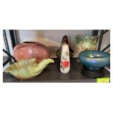 Various pieces of pottery includes Frankoma, McCoy, blue glass bowl, etc