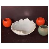 Four pieces pottery Three round pieces are marked USA