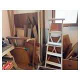 Wood cabinet drawers, front cabinet frame, ladder, various wood, 2 steel posts etc..