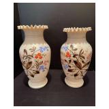 Two hand painted vases w ruffled edges approx 14” tall