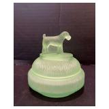Green satin standing terrier dog powder jar