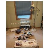 Quilting frame, sewing basket and notions, shelving, embroidery hoops, lite, etc