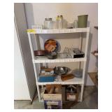 Shelf and contents includes candle molds, photo frame, pie pans, wood cheese box and more