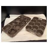(2) cast iron pans-John Wright Co sea shell pan and unmarked muffin pan