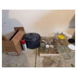 Large granite canner, canning jars, gallon pickle jars