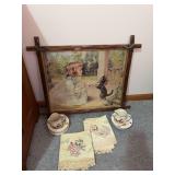 Baby dishes, embroidered pillow cases and print All for your favorite Crazy Cat Lady