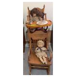 Childs rocker, highchair and dolls