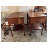 Pair walnut end tables with Queen Anne legs and fruit/nut pulls on drawers matches lot 4036