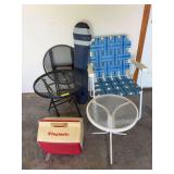 Metal folding patio tables, lawn chair, coolers, bag chair