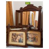 Antique walnut mirror, pict frame, and framed prints