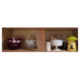 Kitchen cupboards marked A includes Anchor Hocking cookware, dish set, opalescent hobnail vase, everyday dishes, pseudo tupperware, etc