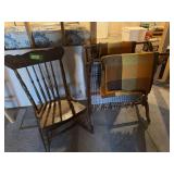 Pressed back sewing rocker, quilt rack and blankets