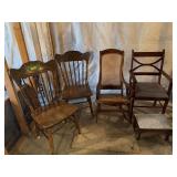 Cane seat Amana walnut rocker repaired, 3 other straight chairs needing work