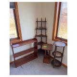 Walnut turned spindle corner shelf, bookcase, plant stands and sofa table