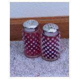 Cranberry hobnail opalescent salt & pepper shakers
