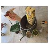 2 large plastic planters, sprinkling can, garden kneeler/seat and more