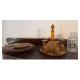 Various pieces amber glass including decanter with matching glasses and clear glass jar