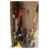 B&D electric 14” weed wacker, garden cart tire, brooms, rake, spade, etc