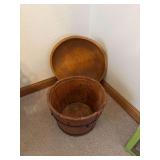 12” round wooden bowl and 7” tall wooden pail