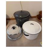 Canner with insert, enamel stockpot and covered cake tray