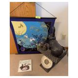 Rabbit weighing scale, book, rain gauge and silk tapestry