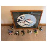 Framed cardinal print and seven Lenox birds