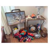 TV trays, exercise eqpt, Dirt Devil hand vac, table lamp, hand painted ceramic owl, etc