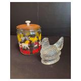 Clear glass chicken candy holder and baby farm animal glass canister